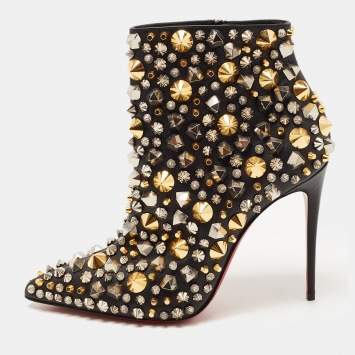 Pre Owned Christian Louboutin Black Leather Studded So Full Kate Ankle Booties Size 38