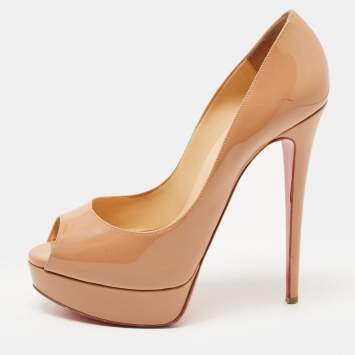 Pre Owned Christian Louboutin Beige Patent Leather Lady Peep Pumps Size 39
