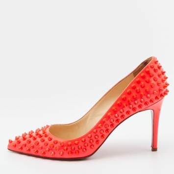 Pre Owned Christian Louboutin Orange Patent Leather Pigalle Spikes Pumps Size 40