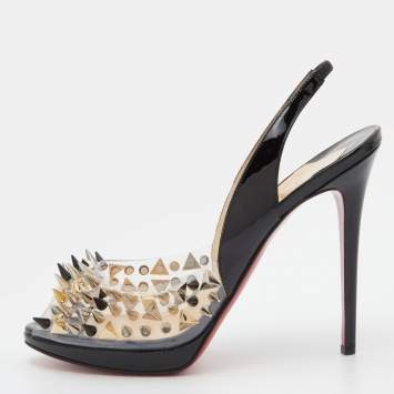 Pre Owned Christian Louboutin Black Patent Leather and PVC Spikes Peep Toe Platform Slingback Pumps Size 40.5