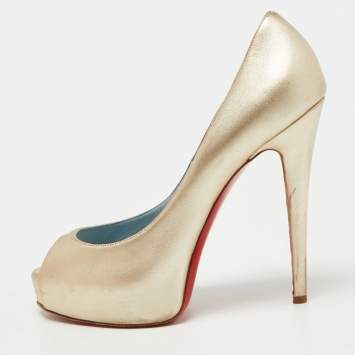 Pre Owned Christian Louboutin Gold Leather Very Prive Pumps Size 38.5