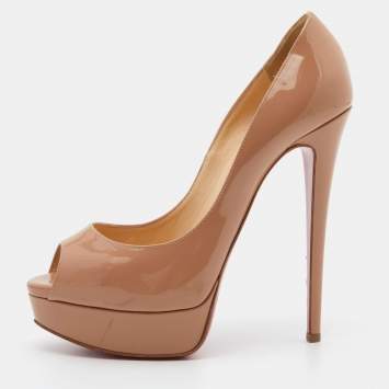 Pre Owned Christian Louboutin Beige Patent Leather Lady Peep Pumps Size 38.5