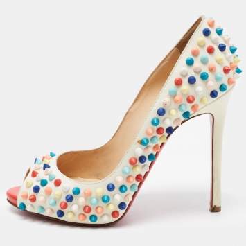 Pre Owned Christian Louboutin White Leather Flo Spike Pumps Size 37.5