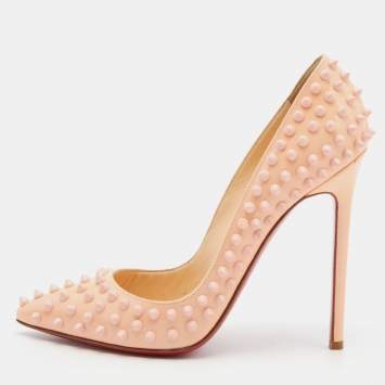 Pre Owned Christian Louboutin Peach Patent Leather Pigalle Spikes Pointed Toe Pumps Size 38