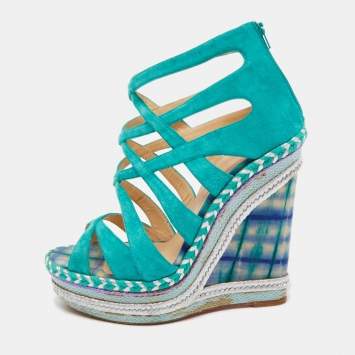 Pre Owned Christian Louboutin Green Suede Caged Espadrille Tosca Wedge Platform Sandals Size 39