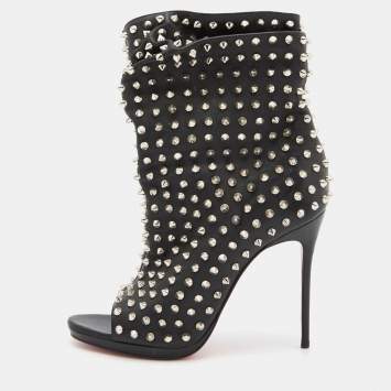 Pre Owned Christian Louboutin Black Leather Spiked Guerilla Peep Toe Slouchy Ankle Boots Size 38.5
