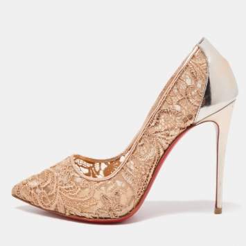 Pre Owned Christian Louboutin Pink/Metallic Lace and Leather Follies Lace Pumps Size 37.5