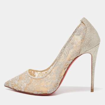 Pre Owned Christian Louboutin Silver Lace and Glitter Pigalle Follies Pumps Size 37.5