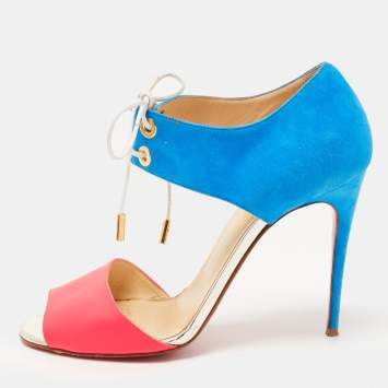 Pre Owned Christian Louboutin Pink/Blue Leather and Suede Mayerling Sandals Size 38.5