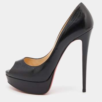 Pre Owned Christian Louboutin Black Leather Lady Peep Toe Platform Pumps Size 39