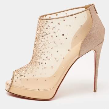 Pre Owned  Christian Louboutin Rose Gold Mesh And Glitter Crystal Embellished Peep Toe Booties Size 40