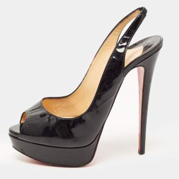 Pre Owned Christian Louboutin Black Patent Leather Lady Peep Slingback Pumps Size 39