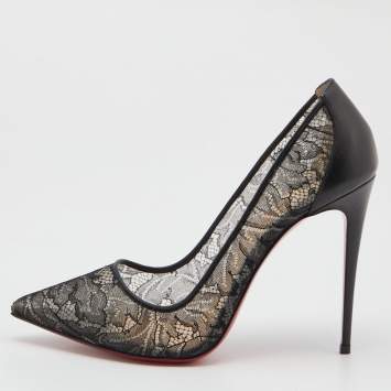 Pre Owned Christian Louboutin Black Leather and Lace Follies Pointed Toe Pumps Size 38.5