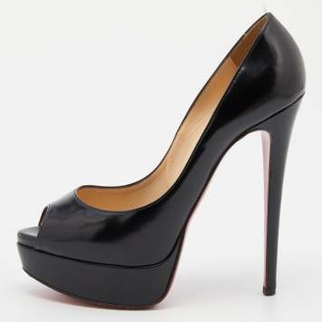 Pre Owned Christian Louboutin Black Patent Leather Lady Peep Pumps Size 36.5