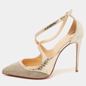 Pre Owned Christian Louboutin Gold Lurex Fabric and Embossed Snakeskin Cross Strap Pumps Size 37.5