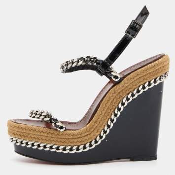 Pre Owned Christian Louboutin Black Patent Leather Pyraclou Espadrille Wedge Sandals Size 39