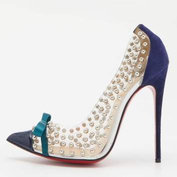 Pre Owned Christian Louboutin Transparent/Blue Studded PVC, Suede and Patent Leather Bille Et Boule Pumps Size 38.5
