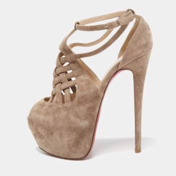 Pre Owned Christian Louboutin Light Brown Suede Carlota Sandals Size 38
