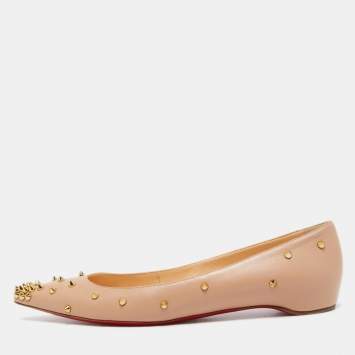Pre Owned Christian Louboutin Beige Leather Degraspike Pointed Toe Ballet Flats Size 40.5