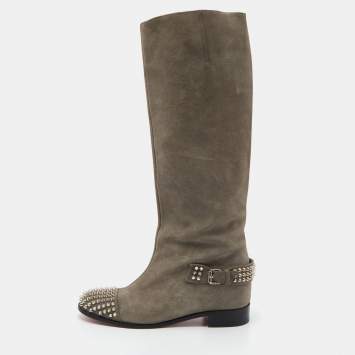 Pre Owned Christian Louboutin Grey Suede Egoutina Spikes Boots Size 40