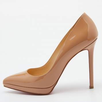 Pre Owned Christian Louboutin Beige Patent Leather Pigalle Plato Pumps Size 37.5