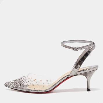 Pre Owned Christian Louboutin Silver Croc Embossed Leather and PVC Spikaqueen Ankle Strap Pumps Size 37.5