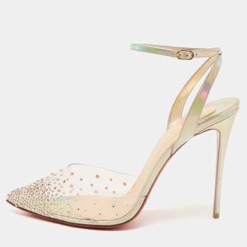 Pre Owned Christian Louboutin Transparent Iridescent Patent Leather and PVC Spikaqueen Ankle-Strap Pumps Size 41.5