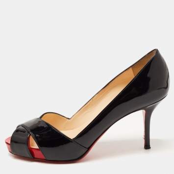 Pre Owned Christian Louboutin Black Patent Leather Shelley Peep Toe Pumps Size 37.5