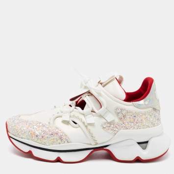 Pre Owned Christian Louboutin White/Pink Leather and Coarse Glitter Red Runner Donna Sneakers Size 36.5
