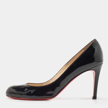 Pre Owned Christian Louboutin Black Patent Leather Simple Round Toe Pumps Size 37.5