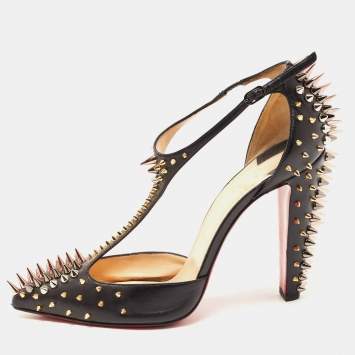 Pre Owned Christian Louboutin Black Leather Goldostrap T-Strap Pumps Size 39