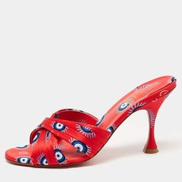 Pre Owned Christian Louboutin Red Printed Satin Criss Cross Slide Sandals Size 38