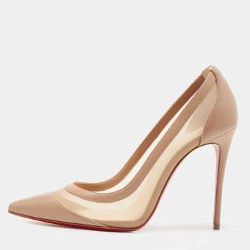 Pre Owned Christian Louboutin Beige Leather and Mesh Galativi Pointed Toe Pumps Size 37