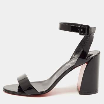 Pre Owned Christian Louboutin Black Patent Leather Miss Sabina Block Heel Ankle Strap Sandals Size 40