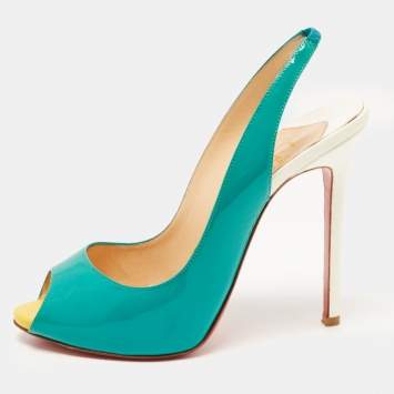Pre Owned Christian Louboutin Green Patent Leather Peep Toe Slingback Pumps Size 38.5