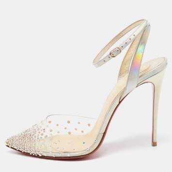 Pre Owned Christian Louboutin Iridescent Patent Leather and PVC Spikaqueen Akle Strap Pumps Size 37.5