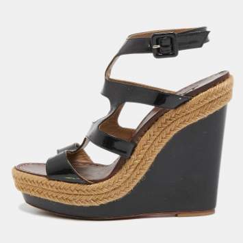 Pre Owned Christian Louboutin Black Patent Leather Strappy Wedge Sandals Size 39