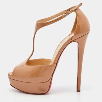 Pre Owned Christian Louboutin Beige Patent Jilopa T Strap Platform Sandals Size 37.5
