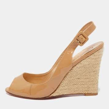 Pre Owned Christian Louboutin Beige Patent Leather Puglia Wedge Sandals Size 39