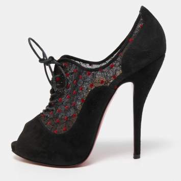 Pre Owned Christian Louboutin Black Suede and Mesh Peep Toe Platform Ankle Booties Size 38.5