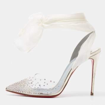 Pre Owned Christian Louboutin Transparent/White PVC and Lace Spikaqueen Ankle Tie Pumps Size 37.5