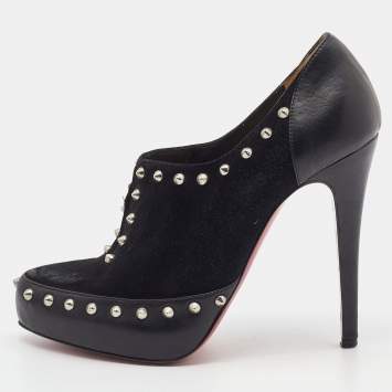 Pre Owned Christian Louboutin Black Leather and Suede Astraqueen Booties Size 38