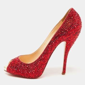 Pre Owned Christian Louboutin Red Crystal Embellished Leather Lady Claude Peep Toe Pumps Size 39.5