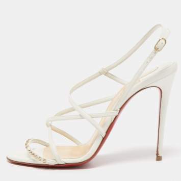 Pre Owned Christian Louboutin White Leather Spike Ankle Strap Sandals Size 36.5