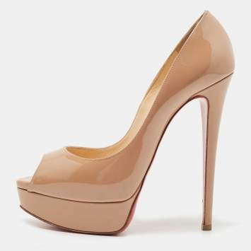 Pre Owned Christian Louboutin Beige Patent Leather Lady Peep Pumps Size 38.5