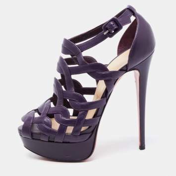 Pre Owned Christian Louboutin Purple Leather Nicole Caged Ankle Strap Sandals Size 36.5
