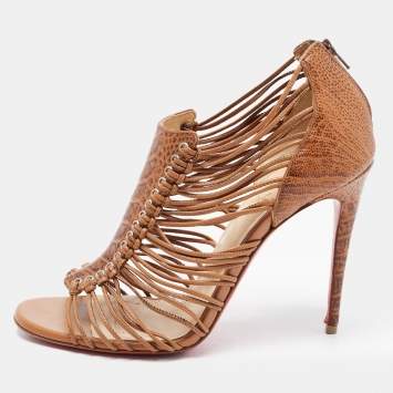 Christian Louboutin Brown Croc Embossed Leather Caged Karina Ankle Boots Size 36.5