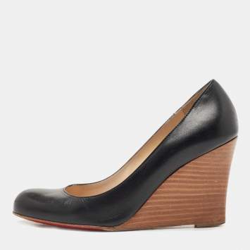 Pre Owned Christian Louboutin Black Leather Ron Ron Wedge Pumps Size 35.5