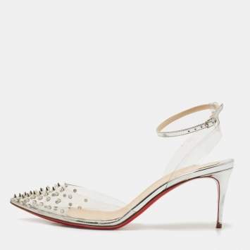 Pre Owned Christian Louboutin Transparent/Silver Leather and PVC Spikoo Pumps Size 39