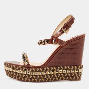 Pre Owned Christian Louboutin Brown Croc Embossed Leather Pyraclou Wedge Sandals Size 41